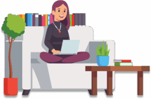 Illustration of a woman with a laptop computer sitting on a couch
