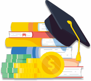 Illustration of books, money, and a graduation cap