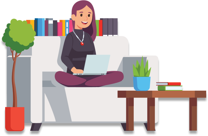 Illustration of a woman with a laptop computer sitting on a couch